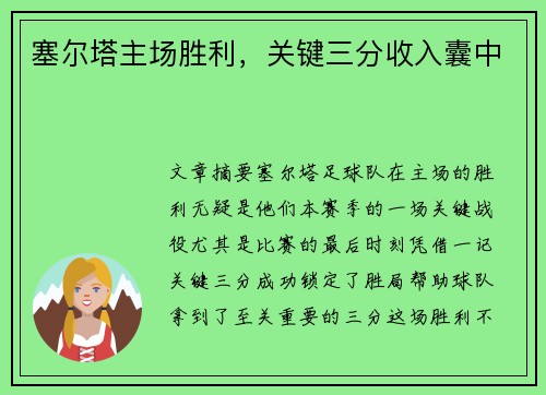 塞尔塔主场胜利，关键三分收入囊中