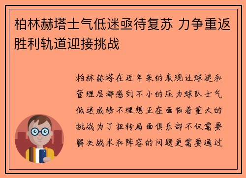 柏林赫塔士气低迷亟待复苏 力争重返胜利轨道迎接挑战