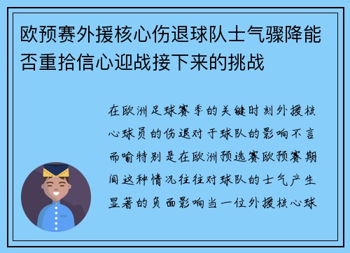 欧预赛外援核心伤退球队士气骤降能否重拾信心迎战接下来的挑战