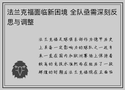 法兰克福面临新困境 全队亟需深刻反思与调整