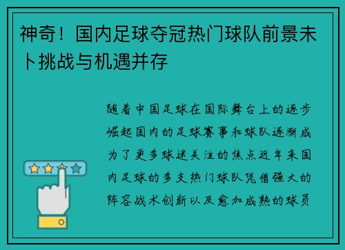 神奇！国内足球夺冠热门球队前景未卜挑战与机遇并存