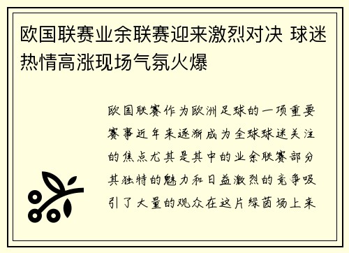 欧国联赛业余联赛迎来激烈对决 球迷热情高涨现场气氛火爆